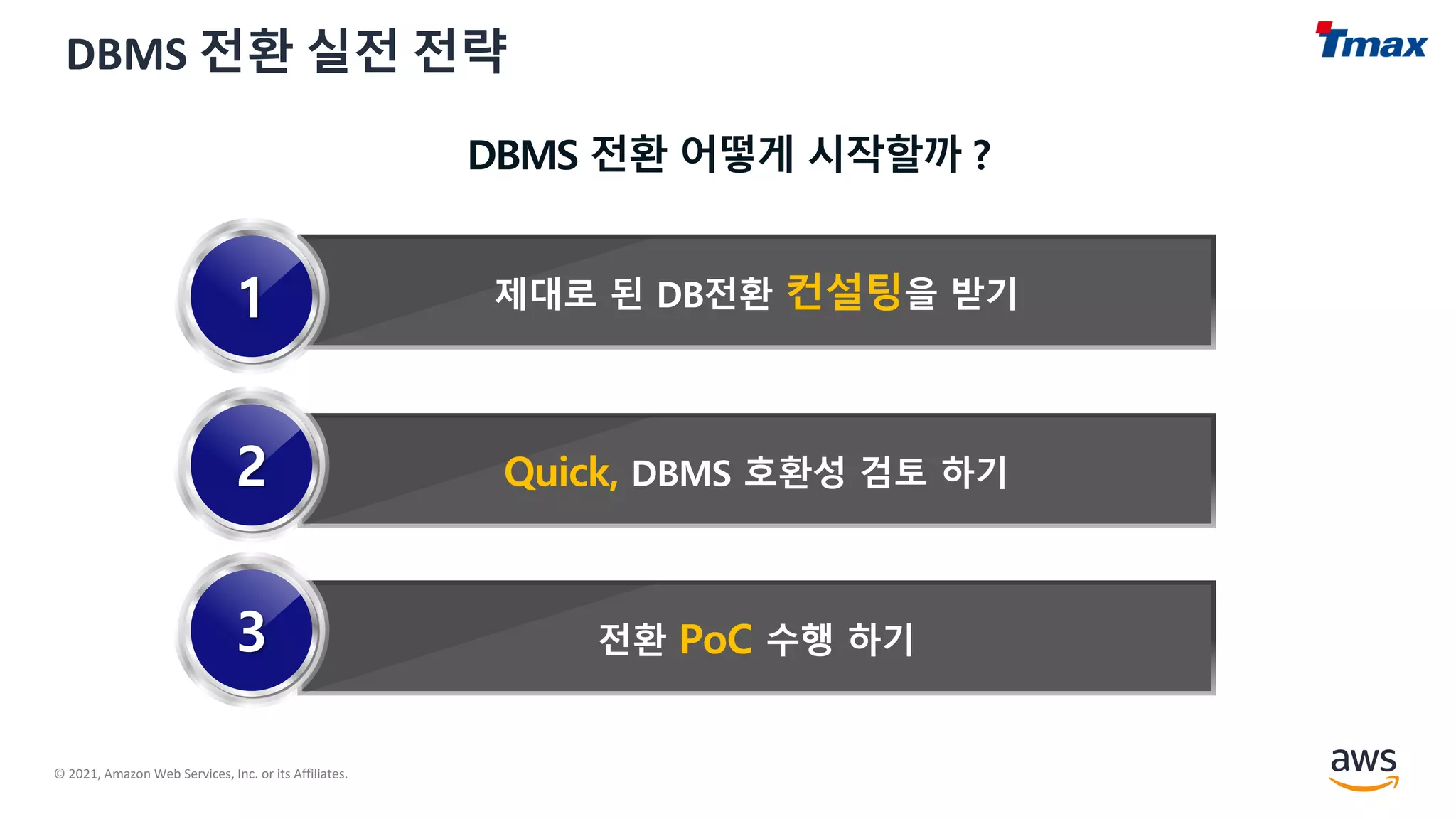 © 2021, Amazon Web Services, Inc. or its Affiliates.
DBMS 전환 실전 전략
 