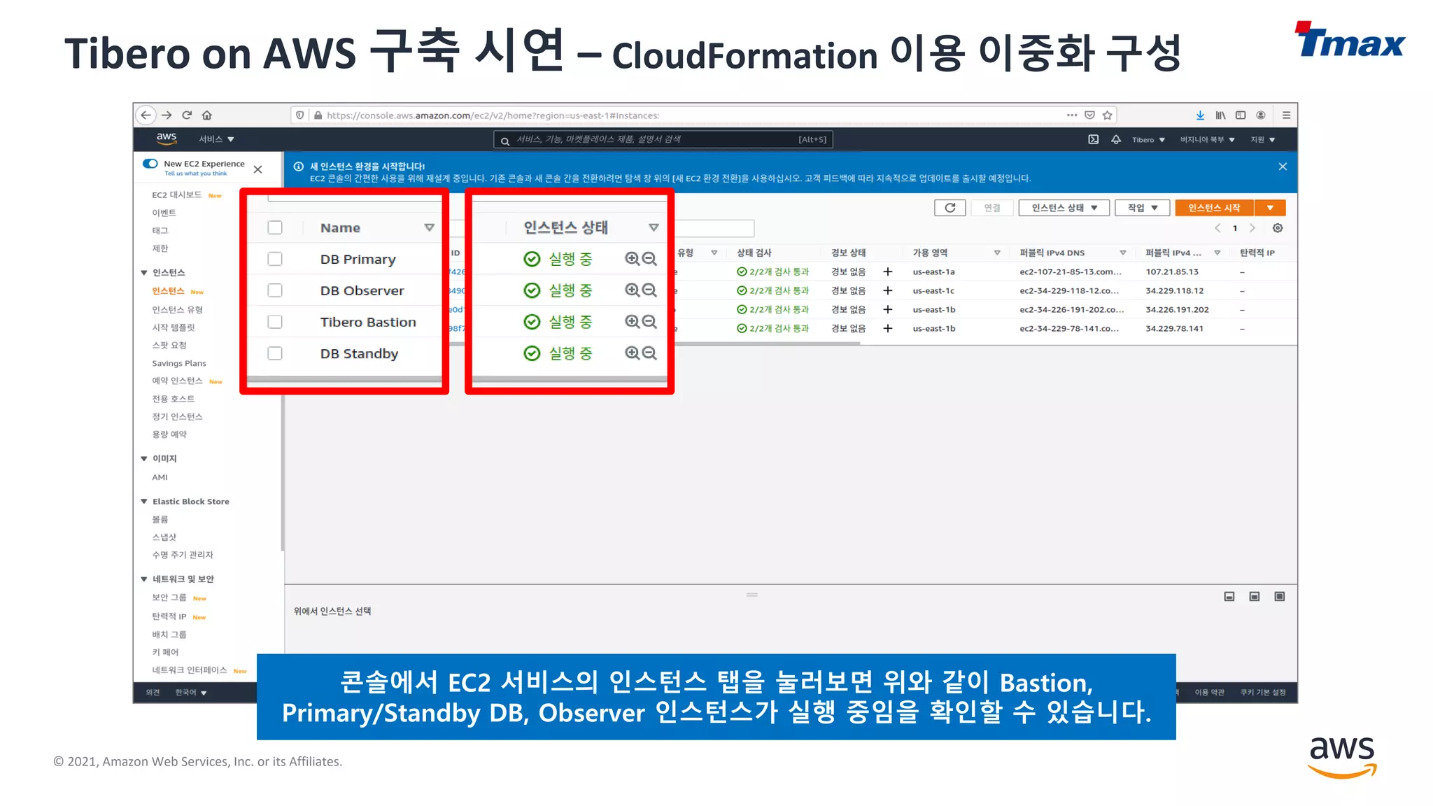 © 2021, Amazon Web Services, Inc. or its Affiliates.
Tibero on AWS 구축 시연 – CloudFormation 이용 이중화 구성
콘솔에서 EC2 서비스의 인스턴스 탭을 눌러보면 위와 같이 Bastion,
Primary/Standby DB, Observer 인스턴스가 실행 중임을 확인할 수 있습니다.
 