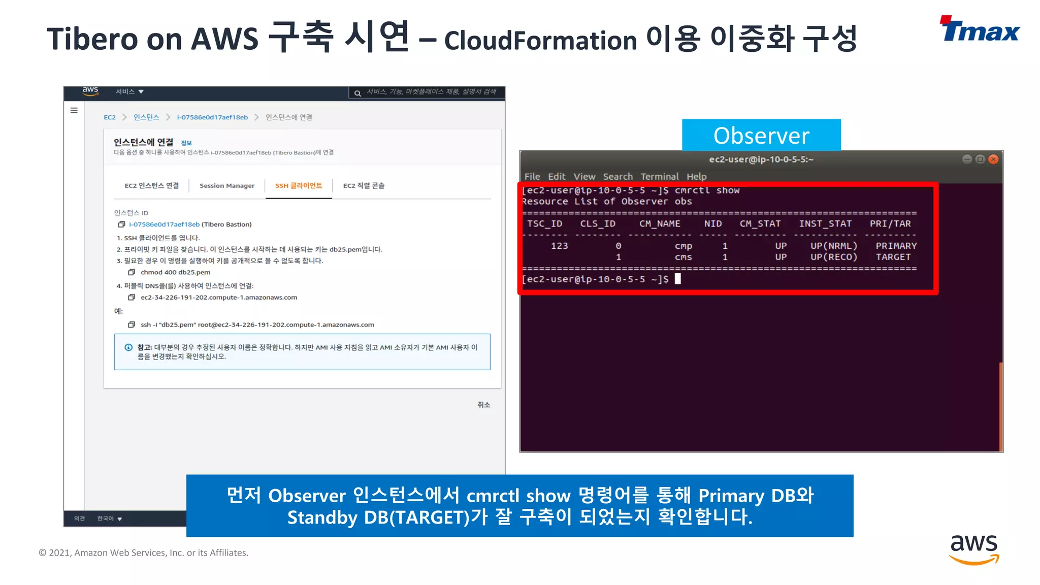 © 2021, Amazon Web Services, Inc. or its Affiliates.
Tibero on AWS 구축 시연 – CloudFormation 이용 이중화 구성
먼저 Observer 인스턴스에서 cmrctl show 명령어를 통해 Primary DB와
Standby DB(TARGET)가 잘 구축이 되었는지 확인합니다.
Observer
 