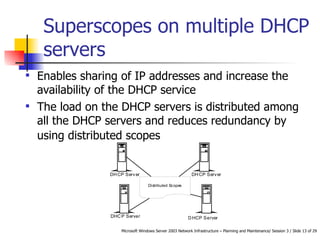 Superscopes on multiple DHCP servers Enables sharing of IP addresses and increase the availability of the DHCP service  The load on the DHCP servers is distributed among all the DHCP servers and reduces redundancy by using distributed scopes   