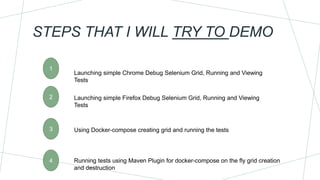 STEPS THAT I WILL TRY TO DEMO
1
Launching simple Chrome Debug Selenium Grid, Running and Viewing
Tests
2 Launching simple ...