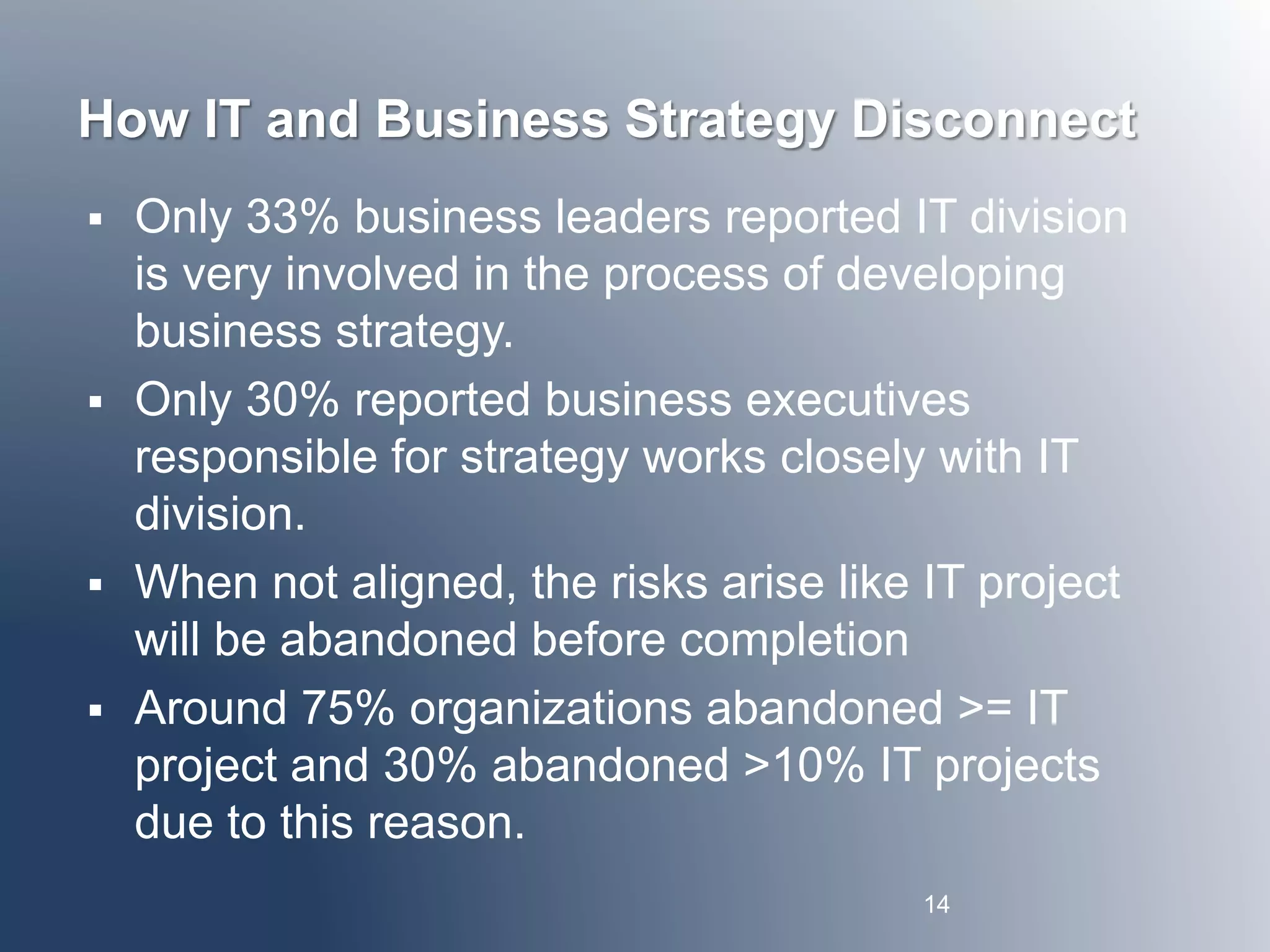 How IT and Business Strategy Disconnect 
 Only 33% business leaders reported IT division 
is very involved in the process of developing 
business strategy. 
 Only 30% reported business executives 
responsible for strategy works closely with IT 
division. 
 When not aligned, the risks arise like IT project 
will be abandoned before completion 
 Around 75% organizations abandoned >= IT 
project and 30% abandoned >10% IT projects 
due to this reason. 
14 
 