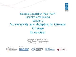 Slide 1
National Adaptation Plan (NAP)
Country-level training
Supported By In cooperation with
Session 3
Vulnerability and Adapting to Climate
Change
[Exercise]
Presented by Nat Pinnoi, Ph.D.
Private Sector Finance Specialist
UNDP Bangkok Regional Hub
 