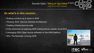 So what’s in this session…
• Scaling a product up or down in AWS
• Thinking ‘SOA’ (Service Oriented Architecture)
• Treating infrastructure as code
• A few technical’s & exploring AWS building blocks outside of just EC2
• Leveraging OSS (Open source software) on the AWS platform
• Why ‘The Business’ is loving AWS
 