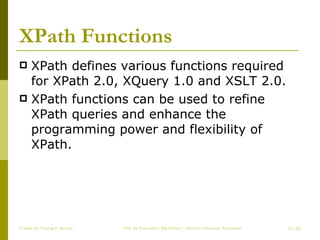 XPath Functions XPath defines various functions required for XPath 2.0, XQuery 1.0 and XSLT 2.0.  XPath functions can be used to refine XPath queries and enhance the programming power and flexibility of XPath. Create by ChungLD faculty /36 