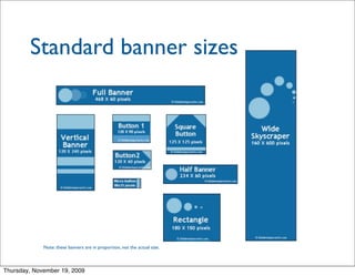 Standard banner sizes




             Note: these banners are in proportion, not the actual size.



Thursday, November 19, 2009
 