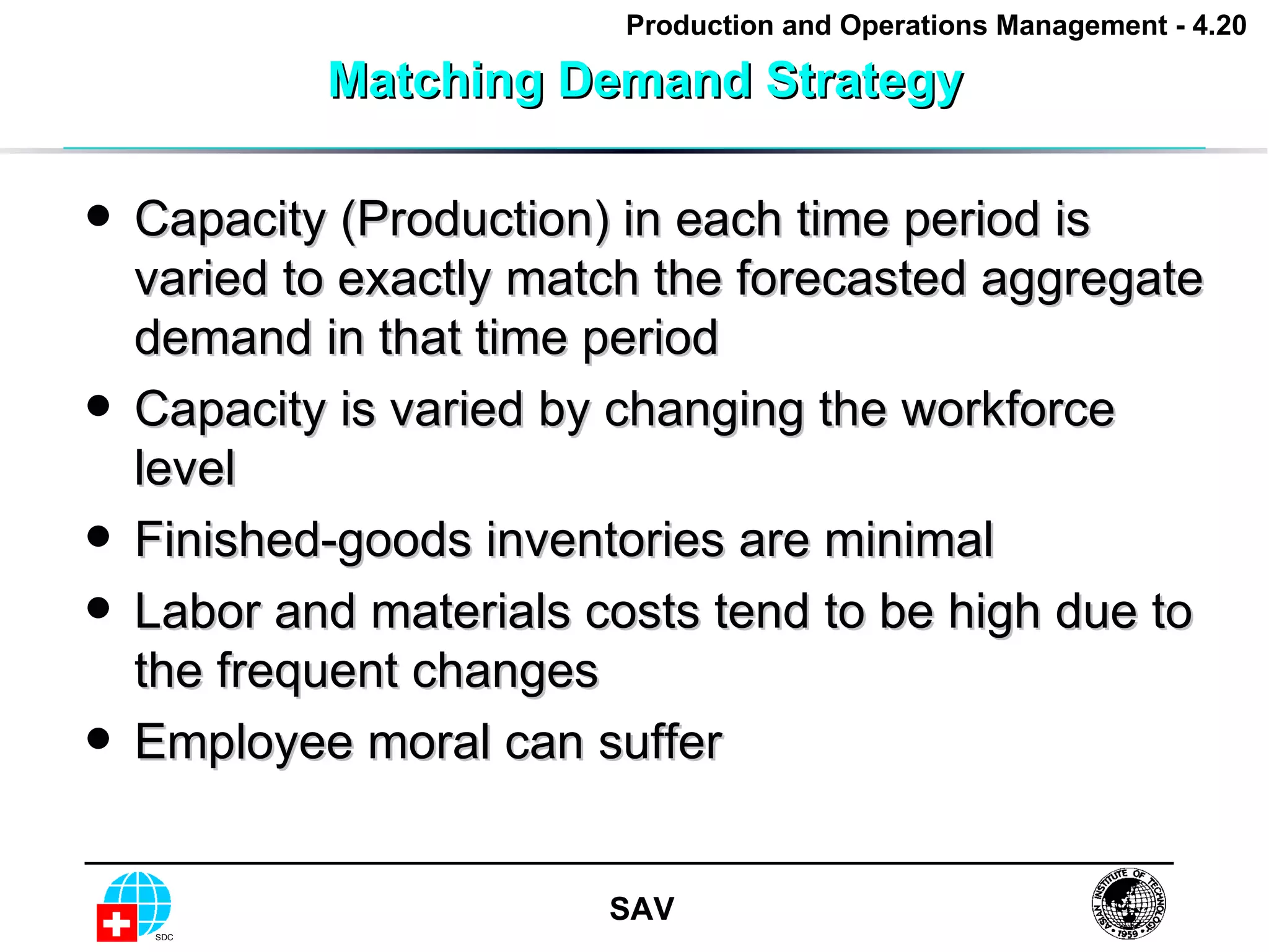 Matching Demand Strategy Capacity (Production) in each time period is varied to exactly match the forecasted aggregate demand in that time period Capacity is varied by changing the workforce level Finished-goods inventories are minimal Labor and materials costs tend to be high due to the frequent changes Employee moral can suffer 