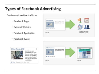 Types of Facebook Advertising Can be used to drive traffic to: Facebook Page External Website Facebook Application Facebook Event 
