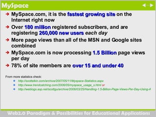 MySpace MySpace.com, it is the  fastest growing site  on the Internet right now  Over  180 million  registered subscribers, and are registering  260,000 new users   each day   More page views than all of the MSN and Google sites combined  MySpace.com is now processing  1.5 Billion  page views per day   78% of site members are  over 15 and under 40   From more statistics check:  http://scottelkin.com/archive/2007/05/11/Myspace-Statistics.aspx http://www.trendcatching.com/2006/05/myspace_usage_s.html  or  http://weblogs.asp.net/scottgu/archive/2006/03/25/Handling-1.5-Billion-Page-Views-Per-Day-Using-ASP.NET-2.0.aspx 