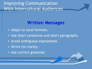 Improving Communication
With Intercultural Audiences
• Adapt to local formats.
• Use short sentences and short paragraphs.
• Avoid ambiguous expressions.
• Strive for clarity.
• Use correct grammar.
Written Messages
 