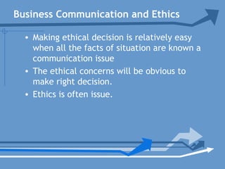 Business Communication and Ethics
• Making ethical decision is relatively easy
when all the facts of situation are known a
communication issue
• The ethical concerns will be obvious to
make right decision.
• Ethics is often issue.
 