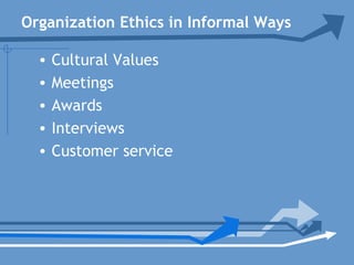 Organization Ethics in Informal Ways
• Cultural Values
• Meetings
• Awards
• Interviews
• Customer service
 