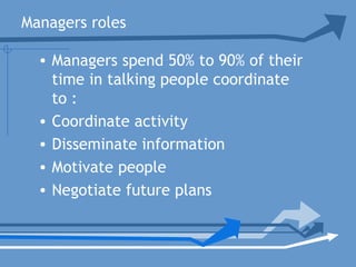 Managers roles
• Managers spend 50% to 90% of their
time in talking people coordinate
to :
• Coordinate activity
• Disseminate information
• Motivate people
• Negotiate future plans
 