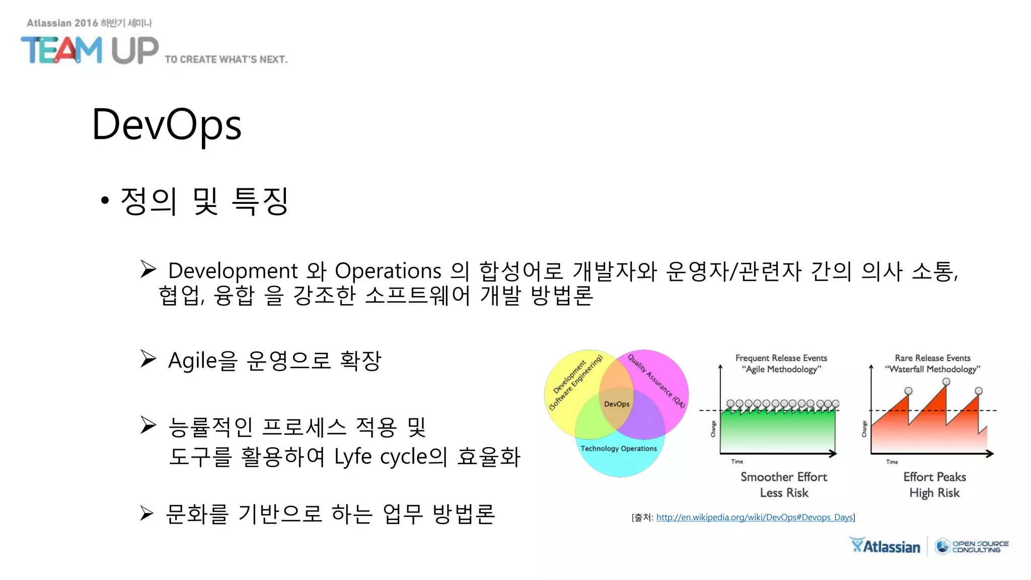 DevOps
• 정의 및 특징
 Development 와 Operations 의 합성어로 개발자와 운영자/관련자 간의 의사 소통,
협업, 융합 을 강조한 소프트웨어 개발 방법론
 Agile을 운영으로 확장
 능률적인 프로세스 적용 및
도구를 활용하여 Lyfe cycle의 효율화
 문화를 기반으로 하는 업무 방법론 [출처: http://en.wikipedia.org/wiki/DevOps#Devops_Days]
 