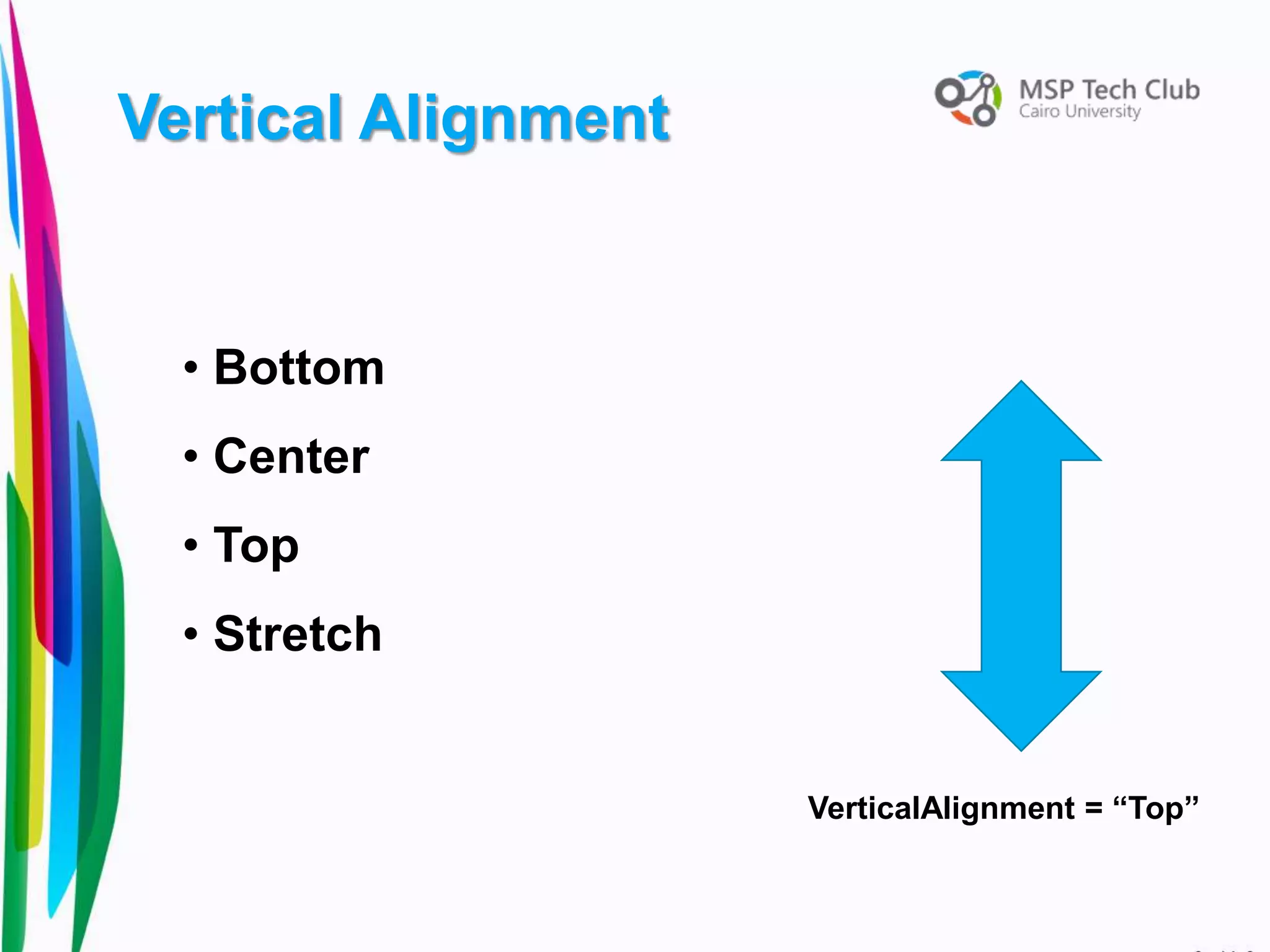 Vertical Alignment
• Bottom
• Center
• Top
• Stretch
VerticalAlignment = “Top”
 