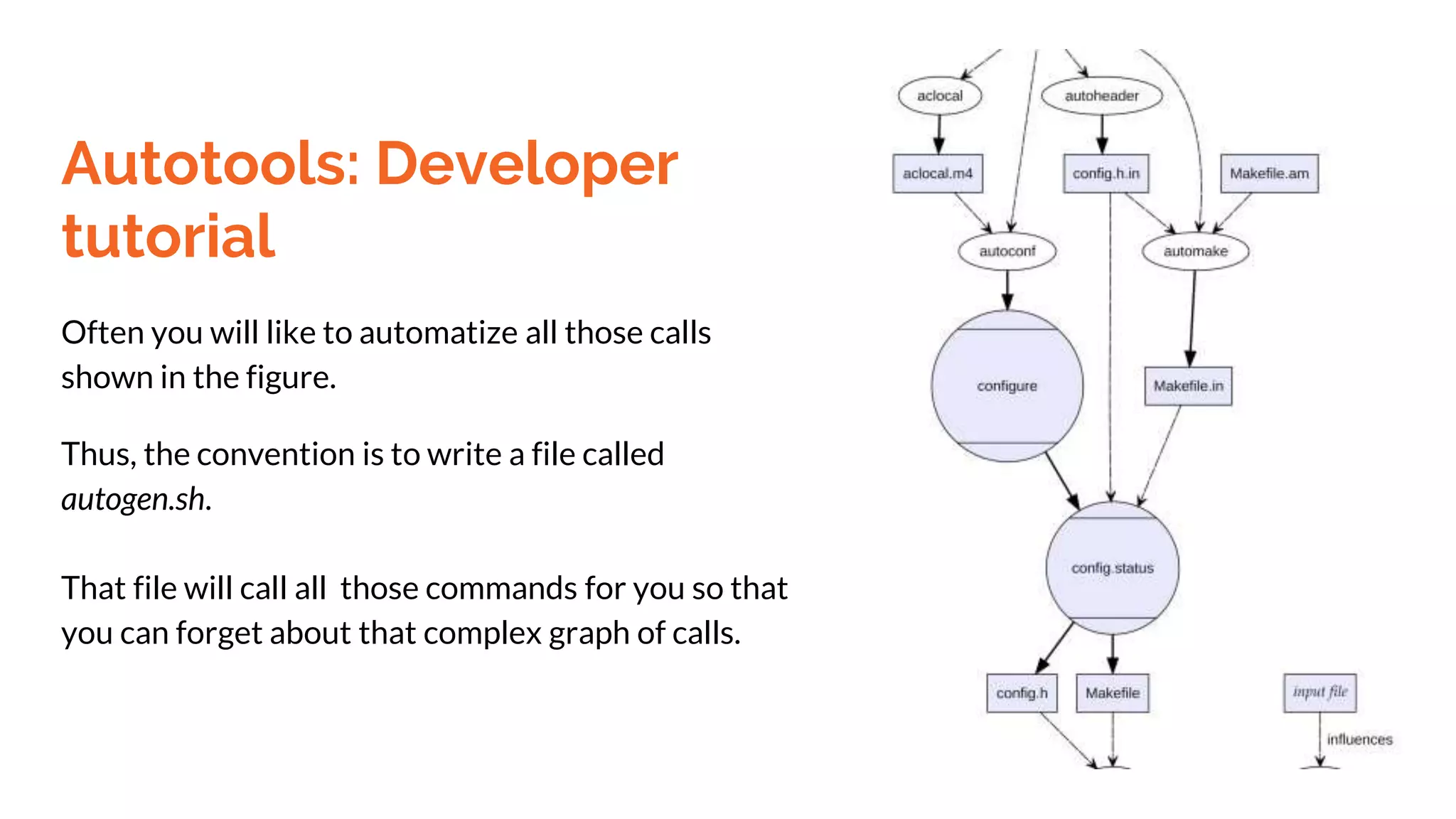 Autotools: Developer
tutorial
Often you will like to automatize all those calls
shown in the figure.
Thus, the convention is to write a file called
autogen.sh.
That file will call all those commands for you so that
you can forget about that complex graph of calls.
 