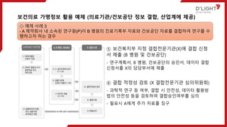 ⑤ 보건복지부 지정 결합전문기관(X)에 결합 신청
서 제출 (B 병원 및 건보공단)
- 연구계획서, B 병원, 건보공단의 승인서, 데이터 결합
신청서를 X의 담당부서에 제출
⑥ 결합 적정성 검토 (X 결합전문기관 심의위원회)
- 과학적 연구 등 여부, 결합 시 안전성, 데이터 활용방
법의 안전성 등을 검토하여 결합승인여부를 심의
- 필요시 A에게 추가 자료를 징구
보건의료 가명정보 활용 예제 (의료기관/건보공단 정보 결합, 산업계에 제공)
◇ 예제 사례 3
- A 제약회사 내 소속된 연구원(P)이 B 병원의 진료기록부 자료와 건보공단 자료를 결합하여 연구를 수
행하고자 하는 경우
 