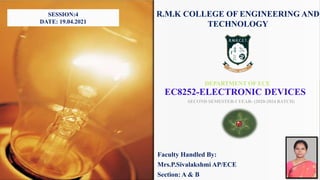 R.M.K COLLEGE OF ENGINEERING AND
TECHNOLOGY
DEPARTMENT OF ECE
EC8252-ELECTRONIC DEVICES
SECOND SEMESTER-I YEAR- (2020-2024 BATCH)
Faculty Handled By:
Mrs.P.Sivalakshmi AP/ECE
Section: A & B
SESSION:4
DATE: 19.04.2021
 