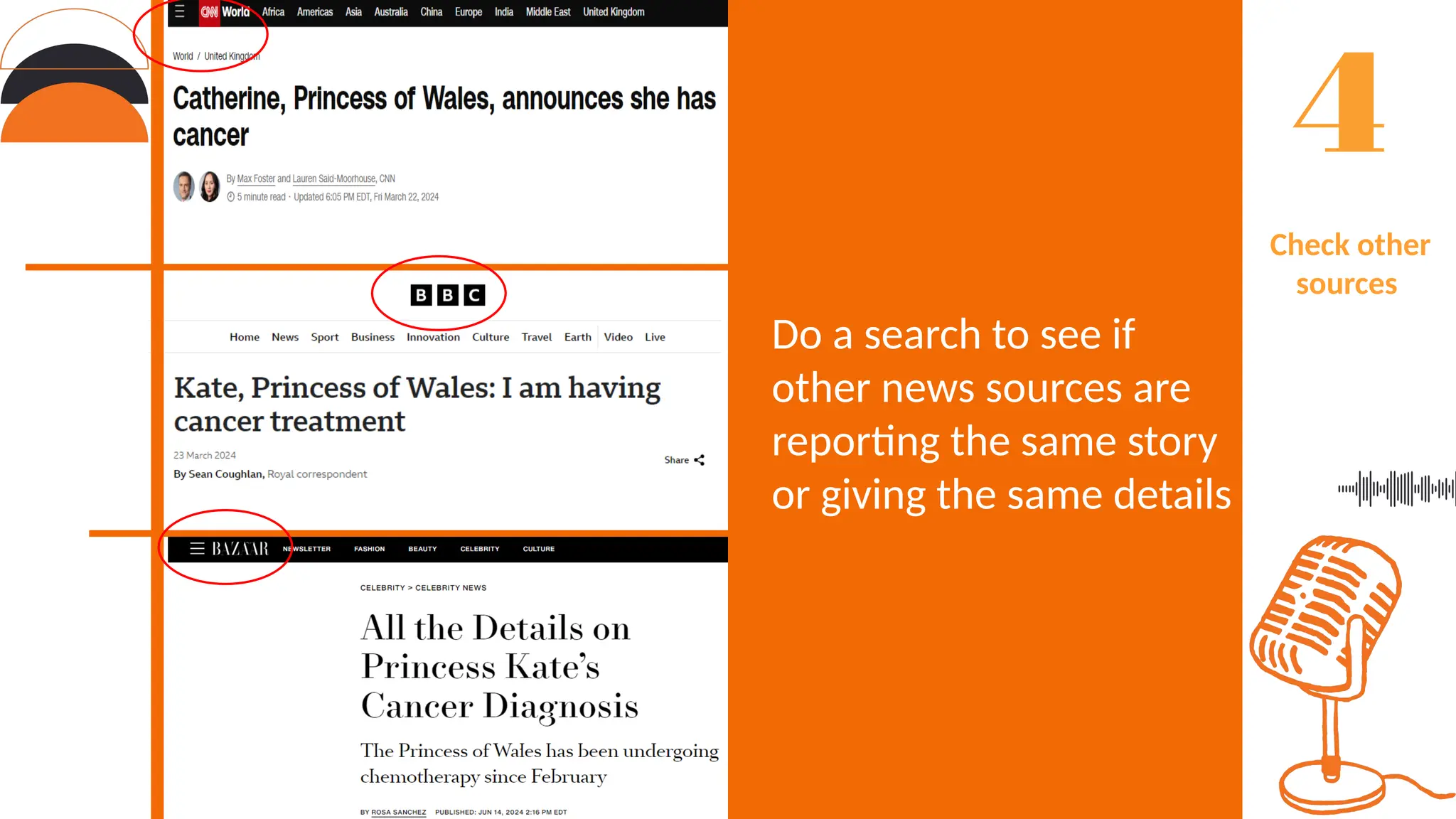 Check other
sources
Do a search to see if
other news sources are
reporting the same story
or giving the same details
 