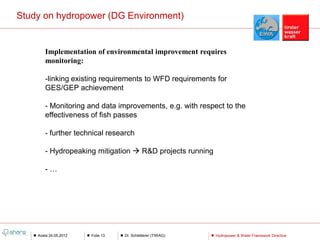 Study on hydropower (DG Environment)


       Implementation of environmental improvement requires
       monitoring:

       -linking existing requirements to WFD requirements for
       GES/GEP achievement

       - Monitoring and data improvements, e.g. with respect to the
       effectiveness of fish passes

       - further technical research

       - Hydropeaking mitigation  R&D projects running

       -…




    Aosta 24.05.2012   Folie 13   Dr. Schletterer (TIWAG)   Hydropower & Water Framework Directive
 
