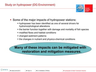 Study on hydropower (DG Environment)




    Some of the major impacts of hydropower stations:
               hydropower has been identified as one of several drivers for
                hydromorphological alterations
               the barrier function together with damage and mortality of fish species
               modified flows and habitat conditions
               changed sediment patterns
               the changes in nutrient and physico-chemical conditions


         Many of these impacts can be mitigated with
            restoration and mitigation measures.




    Aosta 24.05.2012    Folie 14   Dr. Schletterer (TIWAG)    Hydropower & Water Framework Directive
 