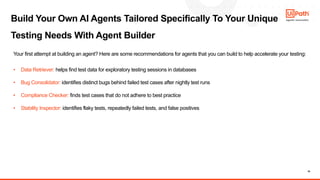 10
Build Your Own AI Agents Tailored Specifically To Your Unique
Testing Needs With Agent Builder
Your first attempt at building an agent? Here are some recommendations for agents that you can build to help accelerate your testing:
• Data Retriever: helps find test data for exploratory testing sessions in databases
• Bug Consolidator: identifies distinct bugs behind failed test cases after nightly test runs
• Compliance Checker: finds test cases that do not adhere to best practice
• Stability Inspector: identifies flaky tests, repeatedly failed tests, and false positives
 
