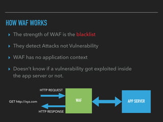 HOW WAF WORKS
▸ The strength of WAF is the blacklist
▸ They detect Attacks not Vulnerability
▸ WAF has no application context
▸ Doesn’t know if a vulnerability got exploited inside 
the app server or not.
WAFGET http://xyz.com APP SERVER
HTTP REQUEST
HTTP RESPONSE
 