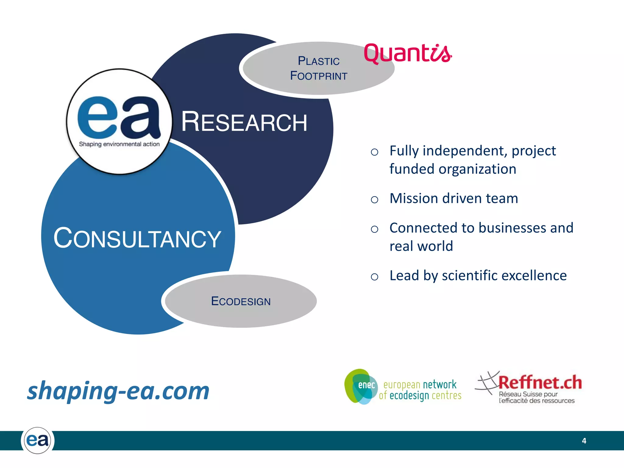 4
RESEARCH
CONSULTANCY
shaping-ea.com
PLASTIC
FOOTPRINT
ECODESIGN
o Fully independent, project
funded organization
o Mission driven team
o Connected to businesses and
real world
o Lead by scientific excellence
 