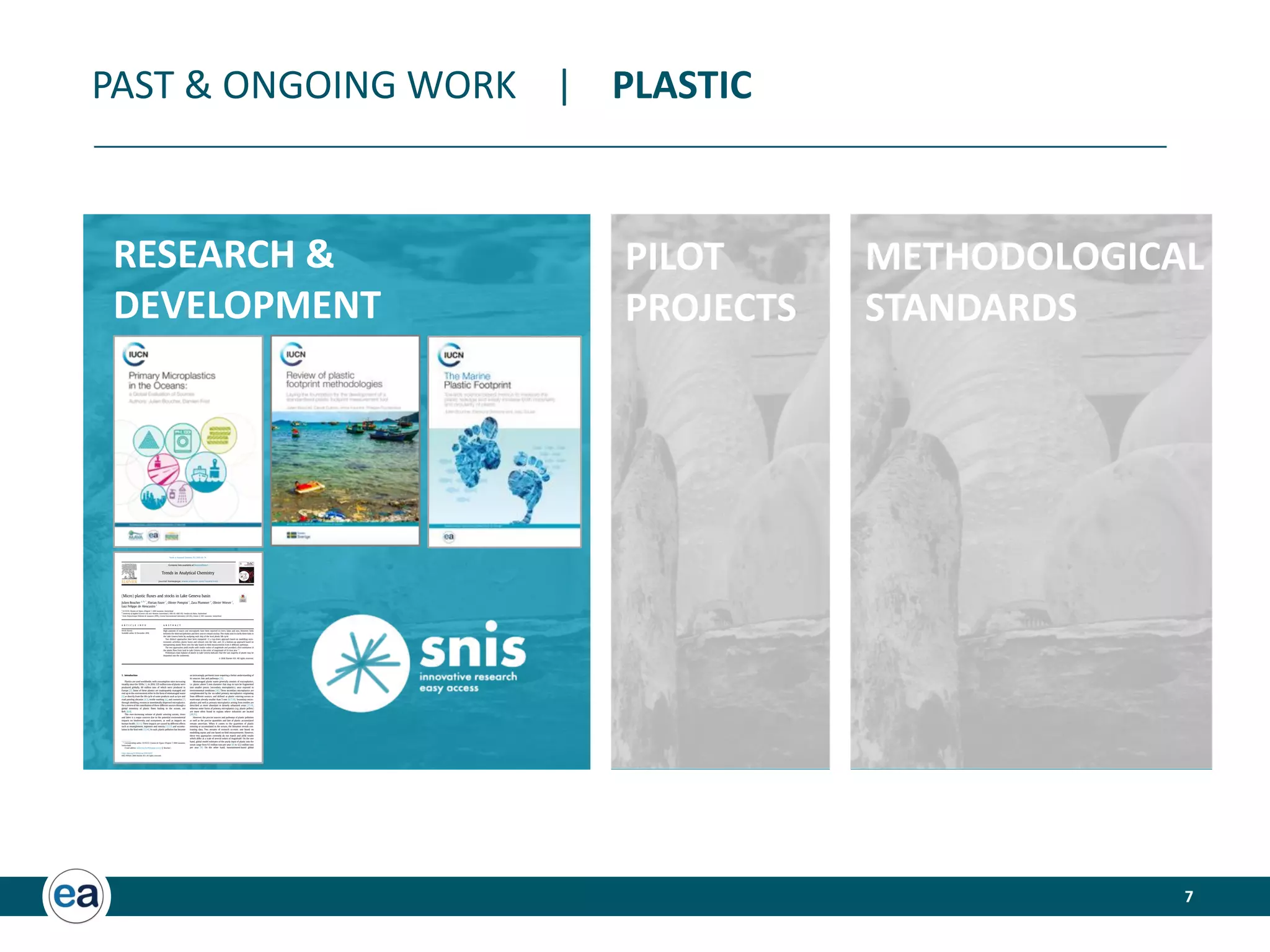 7
PAST & ONGOING WORK | PLASTIC
RESEARCH &
DEVELOPMENT
PILOT
PROJECTS
METHODOLOGICAL
STANDARDS
(Micro) plastic ﬂuxes and stocks in Lake Geneva basin
Julien Boucher a, b, *
, Florian Faure c
, Olivier Pompini c
, Zara Plummer a
, Olivier Wieser c
,
Luiz Felippe de Alencastro c
a
EA ECCO, Chemin de Vignes d’Argent 7, 1004 Lausanne, Switzerland
b
University of Applied Sciences and Arts Western Switzerland // HES-SO, HEIG-VD, Yverdon-les-Bains, Switzerland
c
Ecole Polytechnique Federale de Lausanne (EPFL), Central Environmental Laboratory (GR-CEL), Station 2, 1015 Lausanne, Switzerland
a r t i c l e i n f o
Article history:
Available online 22 December 2018
a b s t r a c t
High amounts of macro and microplastic have been reported in rivers, lakes and seas. However, links
between the observed pollution and their sources remain unclear. This study aims to clarify these links in
the Lake Geneva basin by analysing each step of the local plastic life cycle.
Two distinct approaches have been compared: (i) a top-down approach based on modelling socio-
economic activities, plastic losses and releases into the lake, and, (ii) a bottom-up approach based on
extrapolating plastic ﬂows into the lake based on ﬁeld measurements from 6 different pathways.
The two approaches yield results with similar orders of magnitude and provided a ﬁrst estimation of
the plastic ﬂow from land to Lake Geneva in the order of magnitude of 55 tons yearÀ1
.
Preliminary mass balance of plastic in Lake Geneva indicates that the vast majority of plastic may be
deposited into the sediments.
© 2018 Elsevier B.V. All rights reserved.
1. Introduction
Plastics are used worldwide, with consumption rates increasing
steadily since the 1950s [1]. In 2016, 335 million tons of plastic were
produced globally, 60 million tons of which were produced in
Europe [2]. Some of these plastics are inadequately managed and
end up in the environment either in the form of mismanaged waste
[3] or directly from the life cycle of some products such as tyre and
road painting abrasion [4,5], textile washing [6], and cosmetics [7]
through shedding, erosion or intentionally dispersed microplastics.
For a review of the contribution of these different sources through a
global inventory of plastic ﬂows leaking to the oceans, see
Refs. [8,9].
This ever-increasing volume of plastic entering oceans, rivers
and lakes is a major concern due to the potential environmental
impacts on biodiversity and ecosystems, as well as impacts on
human health [10,11]. These impacts are caused by different effects
such as entanglement, ingestion and toxicity [12,13] and accumu-
lation in the food web [13,14]. As such, plastic pollution has become
an increasingly pertinent issue requiring a better understanding of
its sources, fate and pathways [15].
Mismanaged plastic waste generally consists of macroplastics,
i.e. plastic above 5 mm diameter that may in turn be fragmented
into smaller pieces (secondary microplastics), once exposed to
environmental conditions [16]. These secondary microplastics are
complemented by the so-called primary microplastics originating
from different sources, and deﬁned as plastic entering oceans or
waterways already smaller than 5 mm [8,17,18]. Secondary micro-
plastics and well as primary microplastics arising from textiles are
described as more abundant in densely urbanized areas [17,19],
whereas some forms of primary microplastics (e.g. plastic pellets)
are more often found in regions where industries are located
[20,21].
However, the precise sources and pathways of plastic pollution
as well as the precise quantities and fate of plastic accumulated
remain uncertain. When it comes to the quantities of plastic
entering or accumulated in the oceans, the literature reveals con-
trasting data. Two streams of research co-exist: one based on
modelling inputs and one based on ﬁeld measurements. However,
these two approaches currently do not match and yield results
which differ at a scale of several orders of magnitude. On the one
hand, global model estimates of the yearly input of plastic into the
ocean range from 9.5 million tons per year [8] to 12.2 million tons
per year [9]. On the other hand, measurement-based global
* Corresponding author. EA ECCO, Chemin de Vignes d’Argent 7, 1004 Lausanne,
Switzerland.
E-mail address: julien.boucher@shaping-ea.com (J. Boucher).
Contents lists available at ScienceDirect
Trends in Analytical Chemistry
journal homepage: www.elsevier.com/locate/trac
https://doi.org/10.1016/j.trac.2018.11.037
0165-9936/© 2018 Elsevier B.V. All rights reserved.
Trends in Analytical Chemistry 112 (2019) 66e74
 