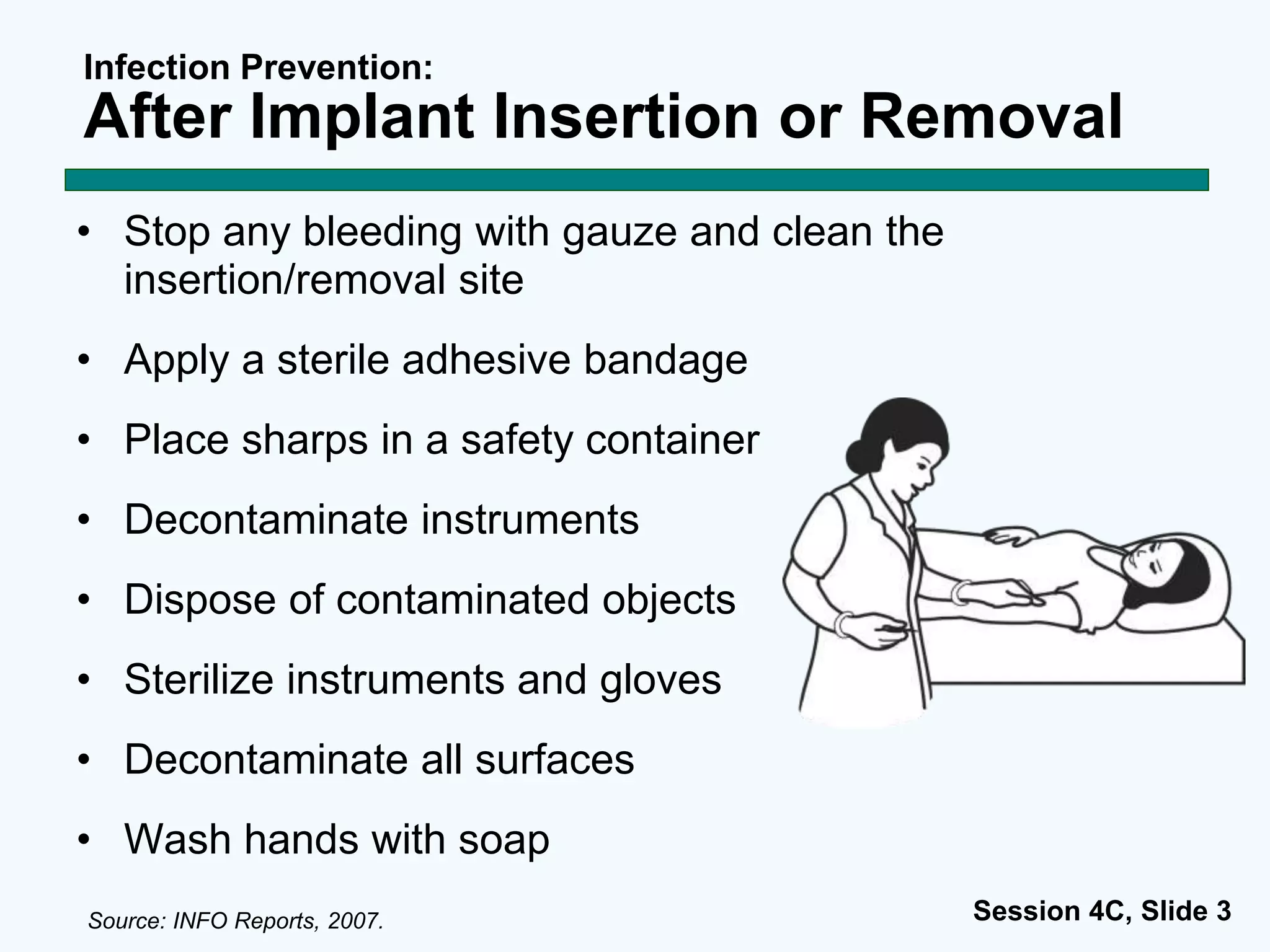 Session 4C, Slide 3
Infection Prevention:
After Implant Insertion or Removal
• Stop any bleeding with gauze and clean the
insertion/removal site
• Apply a sterile adhesive bandage
• Place sharps in a safety container
• Decontaminate instruments
• Dispose of contaminated objects
• Sterilize instruments and gloves
• Decontaminate all surfaces
• Wash hands with soap
Source: INFO Reports, 2007.
 