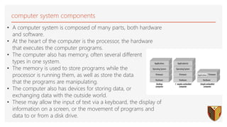 computer system components
• A computer system is composed of many parts, both hardware
and software.
• At the heart of the computer is the processor, the hardware
that executes the computer programs.
• The computer also has memory, often several different
types in one system.
• The memory is used to store programs while the
processor is running them, as well as store the data
that the programs are manipulating.
• The computer also has devices for storing data, or
exchanging data with the outside world.
• These may allow the input of text via a keyboard, the display of
information on a screen, or the movement of programs and
data to or from a disk drive.
 