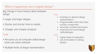 What is happening now in digital design?
Big change in how industry does hardware
design
• Larger and larger designs
• Shorter and shorter time to market
• Cheaper and cheaper products
Scale
• Pervasive use of computer-aided design
tools over hand methods
• Multiple levels of design representation
Time
• Emphasis on abstract design
representations
• Programmable rather than fixed
function components
• Automatic synthesis techniques
• Importance of sound design
methodologies
Cost
• Higher levels of integration
• Use of simulation to debug
designs
 