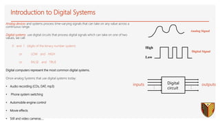 Introduction to Digital Systems
Analog devices and systems process time-varying signals that can take on any value across a
continuous range.
Digital systems use digital circuits that process digital signals which can take on one of two
values, we call:
0 and 1 (digits of the binary number system)
or LOW and HIGH
or FALSE and TRUE
Digital computers represent the most common digital systems.
Once-analog Systems that use digital systems today:
• Audio recording (CDs, DAT, mp3)
• Phone system switching
• Automobile engine control
• Movie effects
• Still and video cameras….
High
Low
Digital
circuit
inputs outputs
: :
Analog Signal
Digital Signal
 