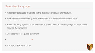 Assembler Language
• Assembler Language is specific to the machine (processor architecture).
• Each processor version may have instructions that other versions do not have.
• Assembler language has a 1-to-1 relationship with the machine language, i.e., executable
code of the processor.
• One assembler language statement
• =
• one executable instruction.
53
 