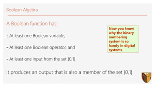 A Boolean function has:
• At least one Boolean variable,
• At least one Boolean operator, and
• At least one input from the set {0,1}.
It produces an output that is also a member of the set {0,1}.
Now you know
why the binary
numbering
system is so
handy in digital
systems.
Boolean Algebra
 