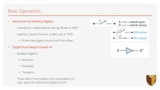Basic Operations
• Also known as Switching Algebra
› Invented by mathematician George Boole in 1849
› Used by Claude Shannon at Bell Labs in 1938
• T
o describe digital circuits built from relays
• Digital circuit design is based on
› Boolean Algebra
• Attributes
• Postulates
• Theorems
› These allow minimization and manipulation of
logic gates for optimizing digital circuits
 