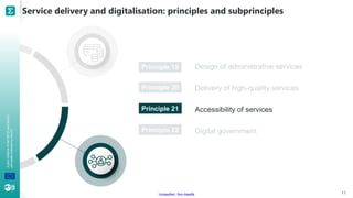 A
joint
initiative
of
the
OECD
and
the
EU,
principally
financed
by
the
EU.
Unclassified - Non classifié
Design of administrative services
Delivery of high-quality services
Accessibility of services
Digital government
Service delivery and digitalisation: principles and subprinciples
11
Principle 19
Principle 20
Principle 21
Principle 22
 
