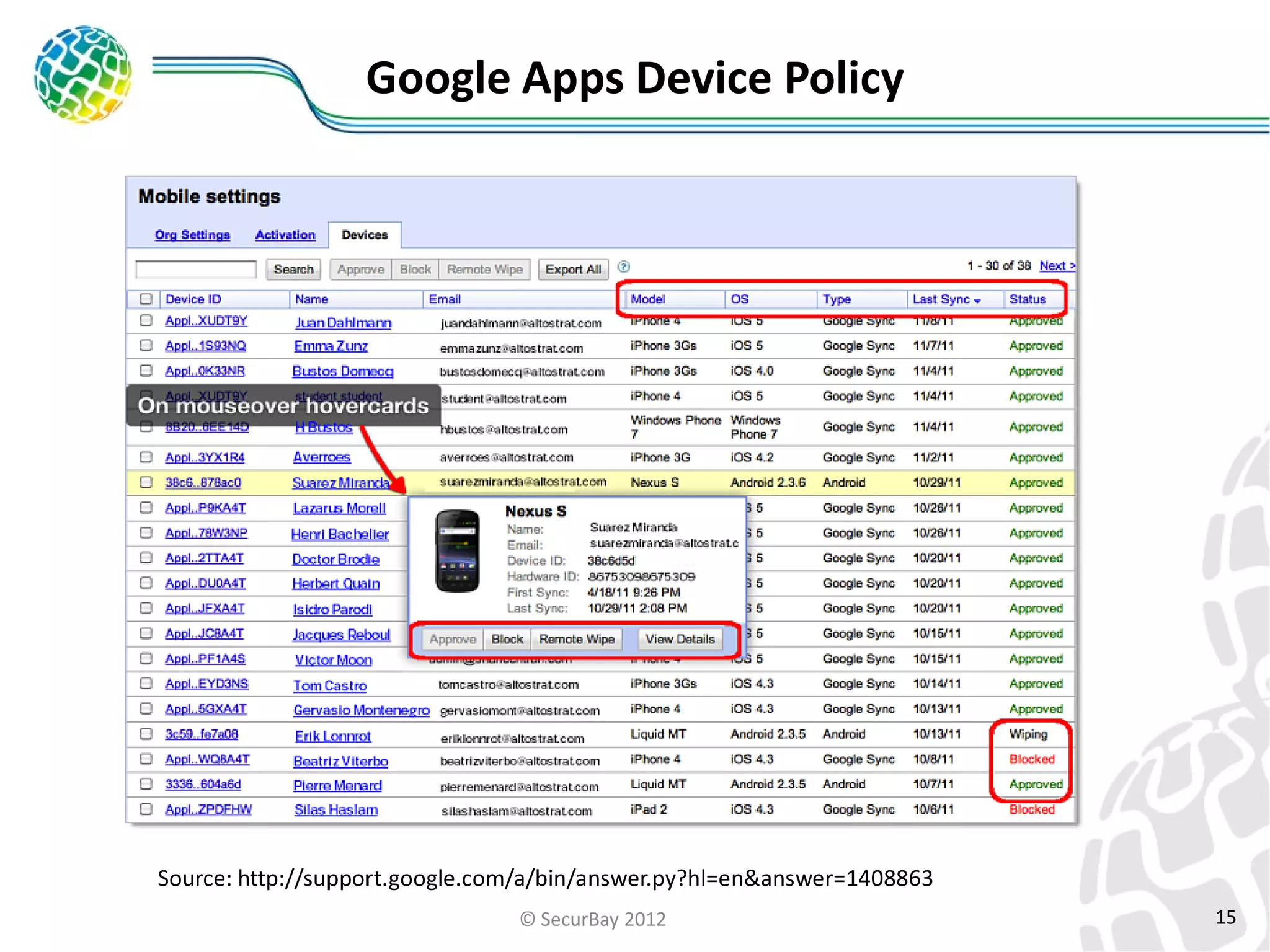 Google Apps Device Policy

Source: http://support.google.com/a/bin/answer.py?hl=en&answer=1408863
© SecurBay 2012

15

 
