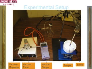 Experimental Setup




Vacuum      Vacuum   Vacuum   Sample   Liquid
Regulator   Pump     Gauge
 
