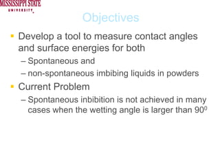 Objectives
Develop a tool to measure contact angles
and surface energies for both
– Spontaneous and
– non-spontaneous imbibing liquids in powders
Current Problem
– Spontaneous inbibition is not achieved in many
  cases when the wetting angle is larger than 900
 