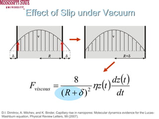 Effect of Slip under Vacuum




                                                           dz (t )
                                                   ηz (t )
                                           8
                    Fviscous          =
                                        (R + δ ) 2
                                                            dt

D.I. Dimitrov, A. Milchev, and K. Binder, Capillary rise in nanopores: Molecular dynamics evidence for the Lucas-
Washburn equation, Physical Review Letters, 99 (2007).
 