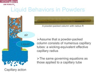 Liquid Behaviors in Powders

                        A powder-packed column with radius R


              air
                       Assume that a powder-packed
            Liquid   column consists of numerous capillary
                     tubes: a wicking-equivalent effective
                     capillary radius

                       The same governing equations as
                     those applied to a capillary tube

Capillary action
 