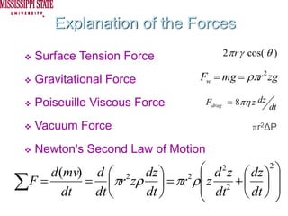 Explanation of the Forces
   Surface Tension Force               2π r γ cos( θ )

   Gravitational Force         Fw = mg = ρπr 2 zg

   Poiseuille Viscous Force        Fdrag = 8πη z dz
                                                      dt

   Vacuum Force                                πr2ΔP

   Newton's Second Law of Motion
     d (mv) d ⎛ 2 dz ⎞      ⎛ d 2 z ⎛ dz ⎞2 ⎞
∑ F=
        dt  dt ⎝   dt ⎠
                          2 ⎜
           = ⎜πr zρ ⎟ = πr ρ z 2 + ⎜ ⎟ ⎟
                            ⎜ dt ⎝ dt ⎠ ⎟
                            ⎝               ⎠
 