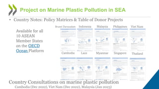 • Country Notes: Policy Matrices & Table of Donor Projects
Project on Marine Plastic Pollution in SEA
Available for all
10 ASEAN
Member States
on the OECD
Ocean Platform
Indonesia Malaysia Philippines Viet Nam
Cambodia Laos Myanmar Singapore
Thailand
Brunei Darussalam Indonesia Malaysia Philippines Viet Nam
Thailand
Country Consultations on marine plastic pollution
Cambodia (Dec 2022), Viet Nam (Dec 2022), Malaysia (Jan 2023)
 