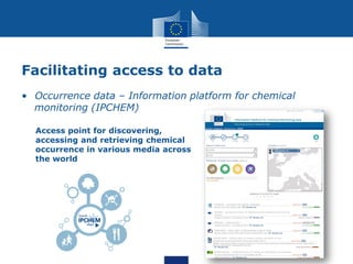 Facilitating access to data
• Occurrence data – Information platform for chemical
monitoring (IPCHEM)
Access point for discovering,
accessing and retrieving chemical
occurrence in various media across
the world
 
