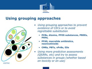 Using grouping approaches
• Using grouping approaches to prevent
existence of CECs or to avoid
regrettable substitution
• PCBs, dioxins, PFOS substances, PBDEs,
PAHs,
• PFAS, macrolide antibiotics,
neonicotinoids
• CMRs, PBTs, vPvBs, EDs
• Using more predictive assessments
(QSARs, etc) and try to assess
substances in groups (whether based
on toxicity or on use)
ECETOC
 