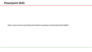 https://www.coursera.org/videos/presentations-speaking-so-that-people-listen/HgGEC
Powerpoint Skills
 