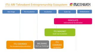 ITU ARI Teknokent Entreprenurship Ecosystem
Idea Stage Pre-Incubation Incubation Scale-Up Globalization
ITU CEKIRDEK
Pre-i...