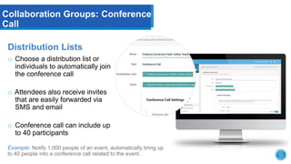 Collaboration Groups: Conference
Call
Distribution Lists
o Choose a distribution list or
individuals to automatically join...