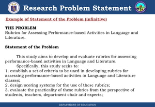DEPARTMENT OF EDUCATION
Research Problem Statement
THE PROBLEM
Rubrics for Assessing Performance-based Activities in Language and
Literature.
Statement of the Problem
This study aims to develop and evaluate rubrics for assessing
performance-based activities in Language and Literature.
Specifically, this study seeks to:
1. establish a set of criteria to be used in developing rubrics for
assessing performance–based activities in Language and Literature
classes;
2. design scoring systems for the use of these rubrics;
3. evaluate the practicality of these rubrics from the perspective of
students, teachers, department chair and experts;
Example of Statement of the Problem (infinitive)
 